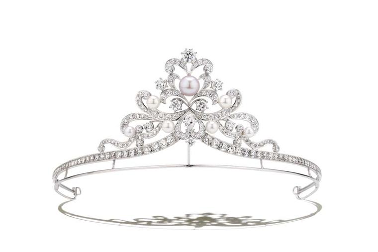 Pearl and diamond princess-style tiara from Garrard jewellery's new Bow collection.